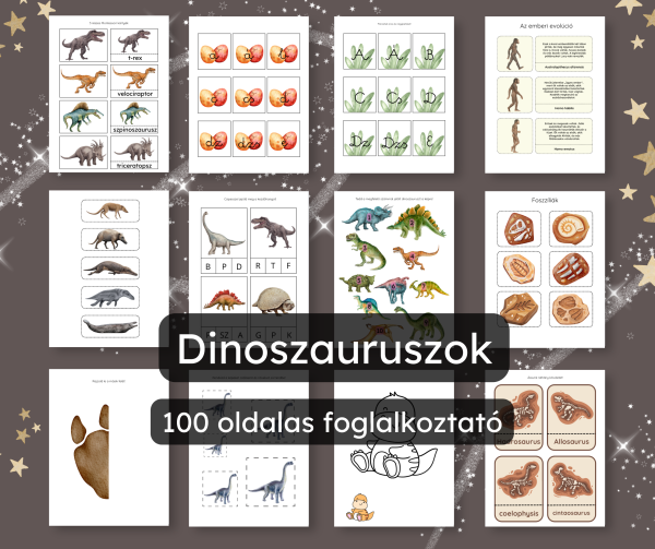 🦖 Dinoszauruszok – 100 oldalas nyomtatható foglalkoztató gyerekeknek